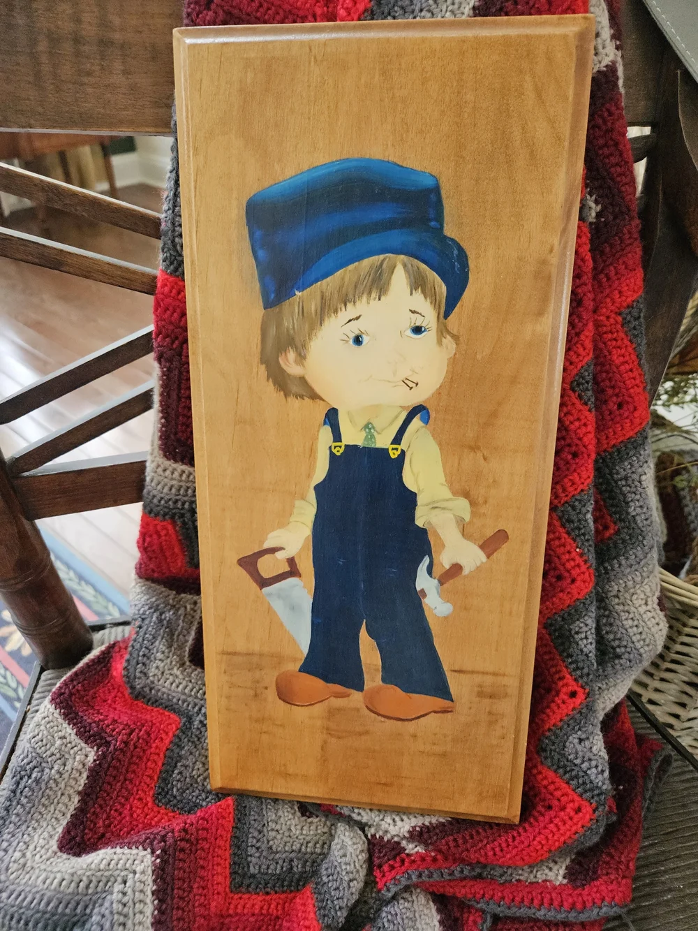 Hand-Painted Boy Wood Plaque in Blue and Brown
